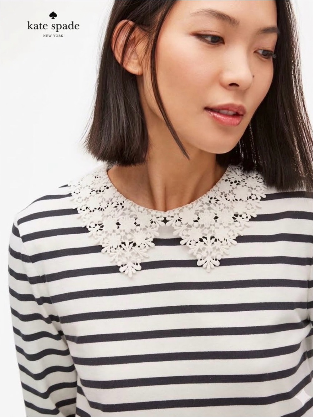 Kate Spade New York Lace Collar Striped Tee Dress Navy Cream Shift Mini Size XXS